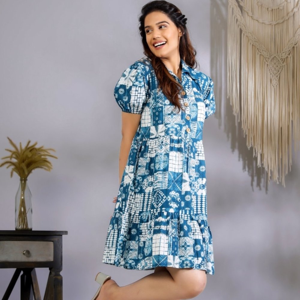 BRAND NEW Blue shibori cotton women One Piece Dress